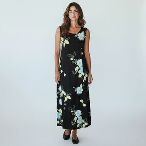 Studio 1 Black Sleeveless Maxi with Large Baby Blue & Green Flowers Size 8